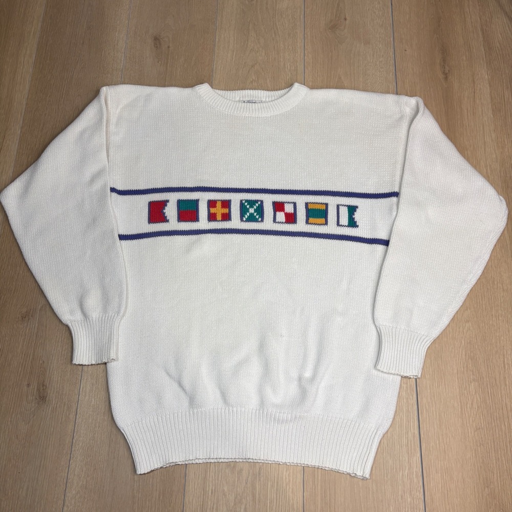 Vintage Davison's of Bermuda Mens Large Nautical Signal Flag Knit Cotton Sweater